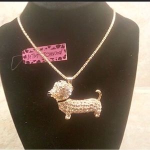 Betsy Johnson White Rhinestones Dachshund Necklace
